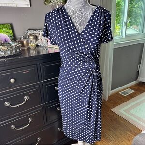 Chaps Navy Polka Dot Faux Wrap Dress Size S Ruched Waist Quiet Luxury